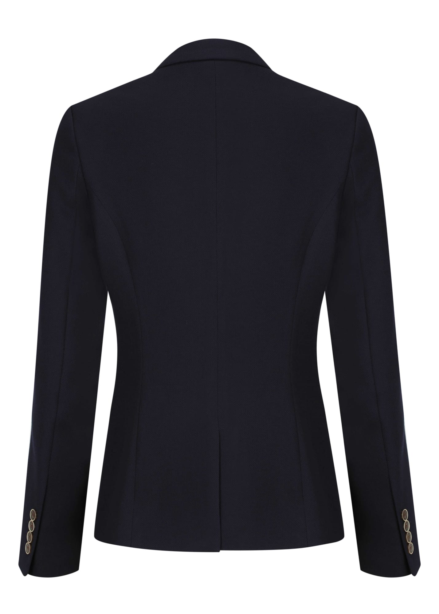A women's blazer in navy blue, featuring a tailored silhouette and button details on the sleeves.