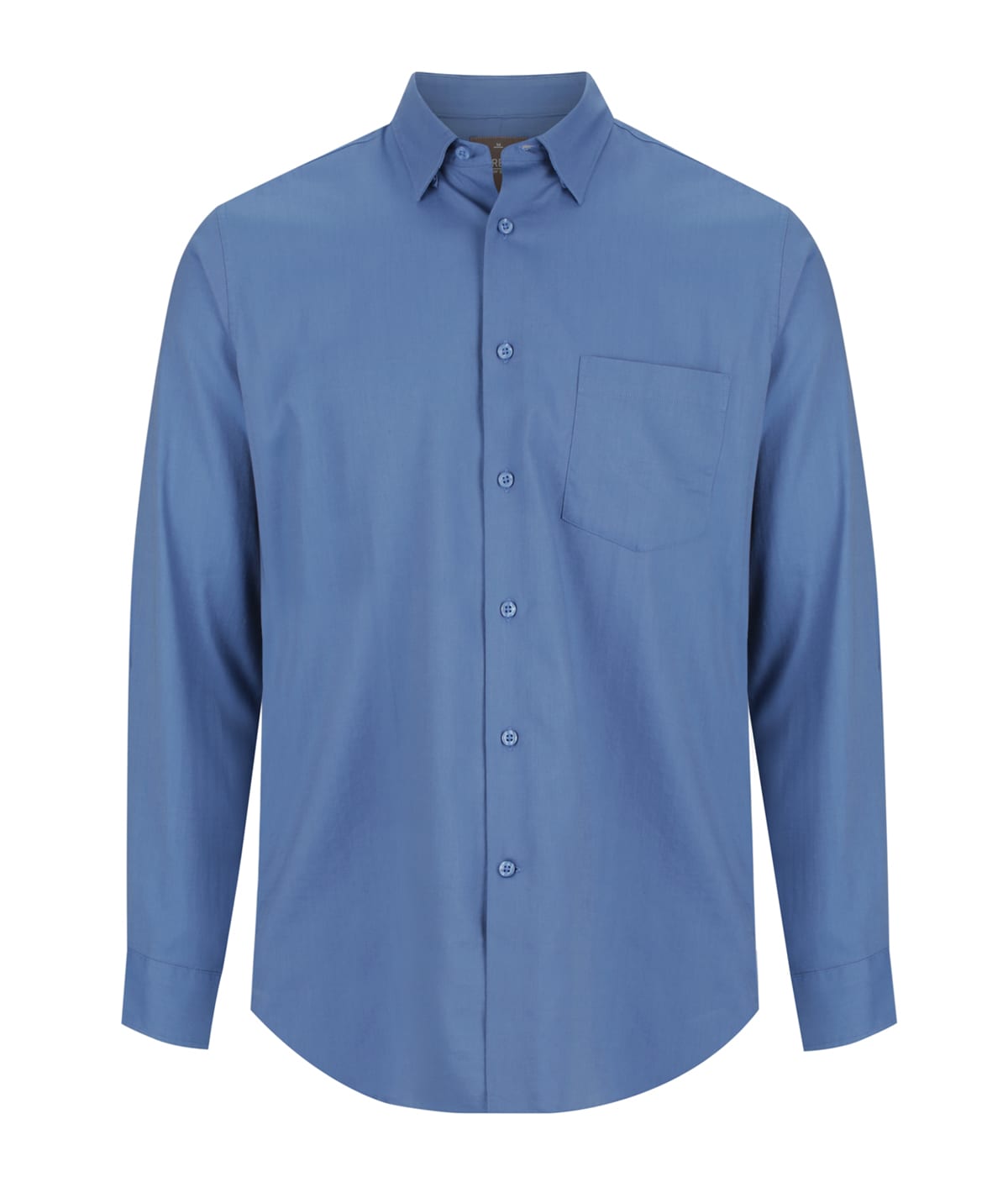 A blue long-sleeve shirt featuring a button-down front and a single chest pocket. It has a logo on the fabric.