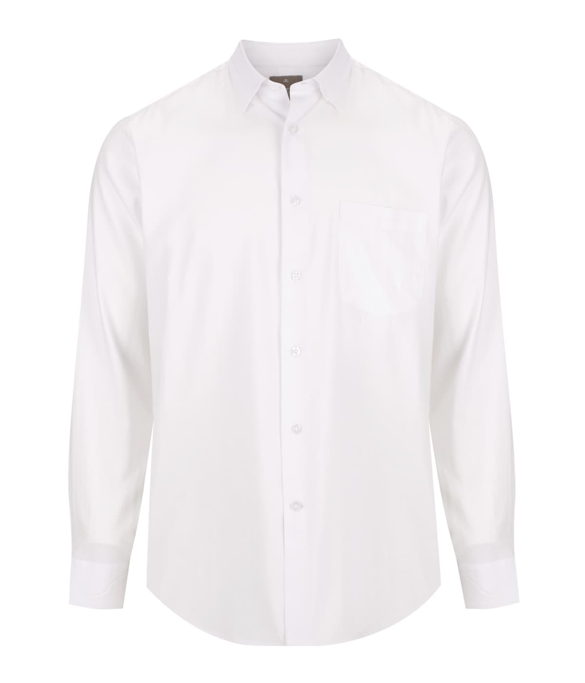 A white long-sleeve shirt with a button-up front and a single chest pocket. Features a subtle logo on the design.