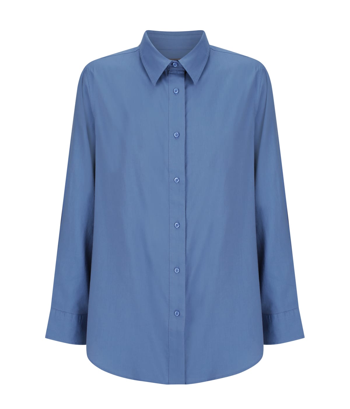 A blue long-sleeve shirt featuring a collared neckline and a button-up front, with a minimalistic design.