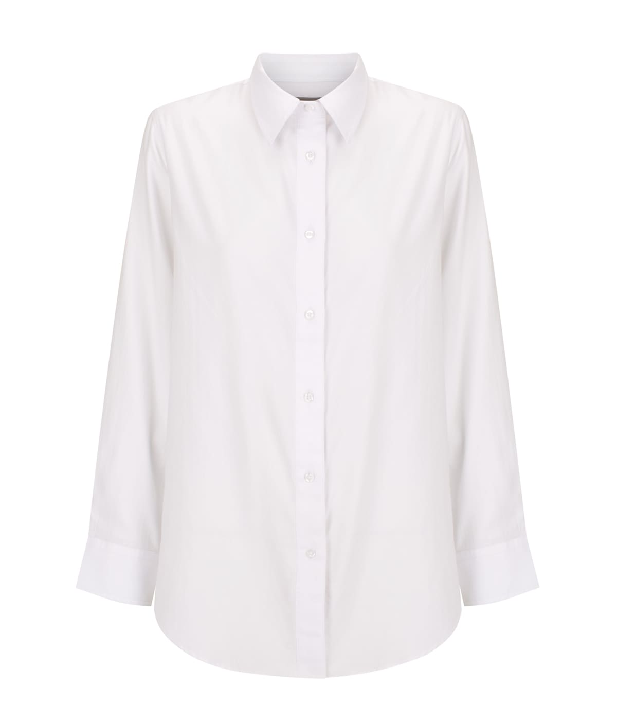 A white Mercer Ultra Soft shirt with a button-up front and long sleeves, featuring a collar and a logo.
