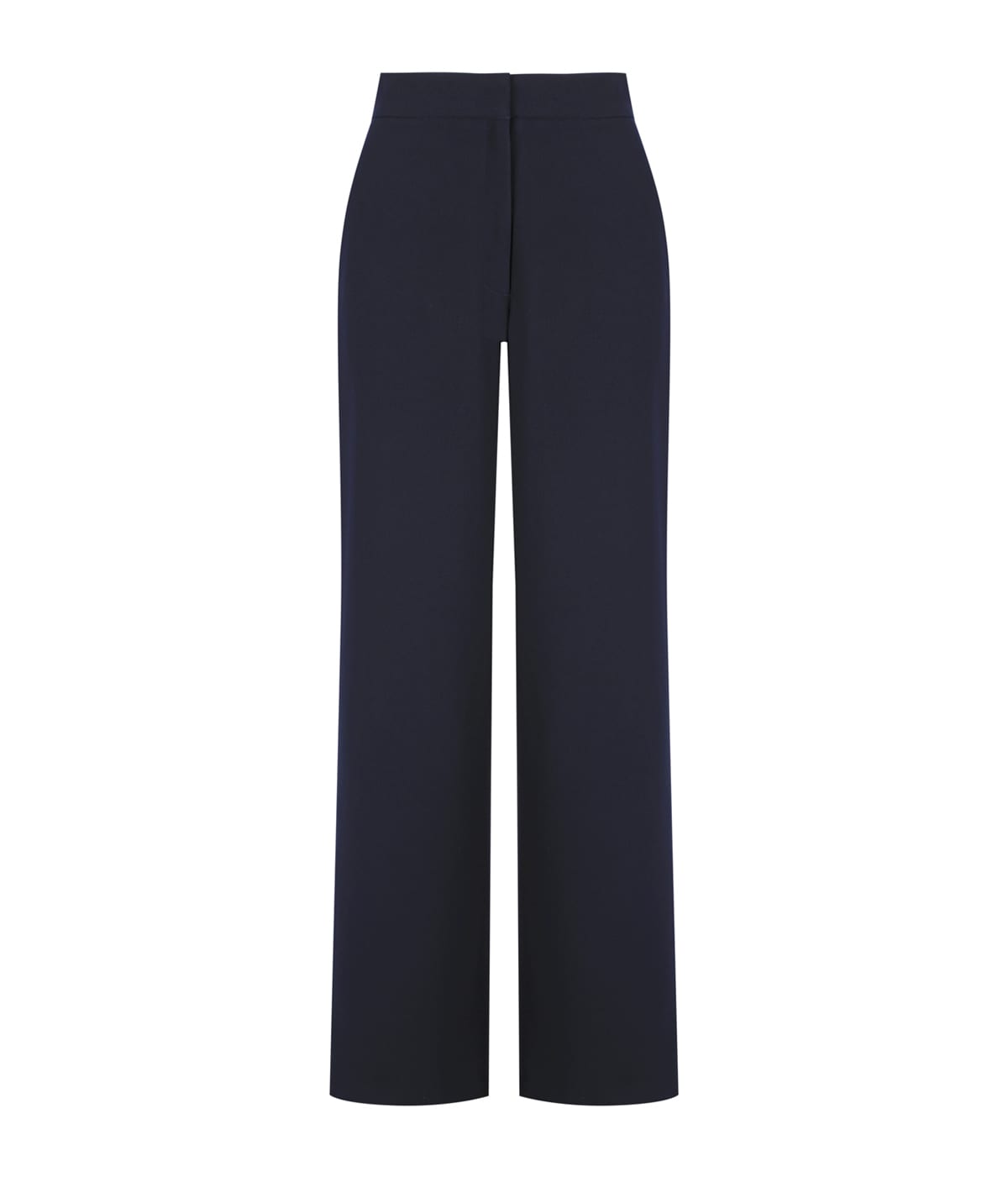 A pair of navy wide leg pants with a high waist and a seamless design. The pants also feature a logo.