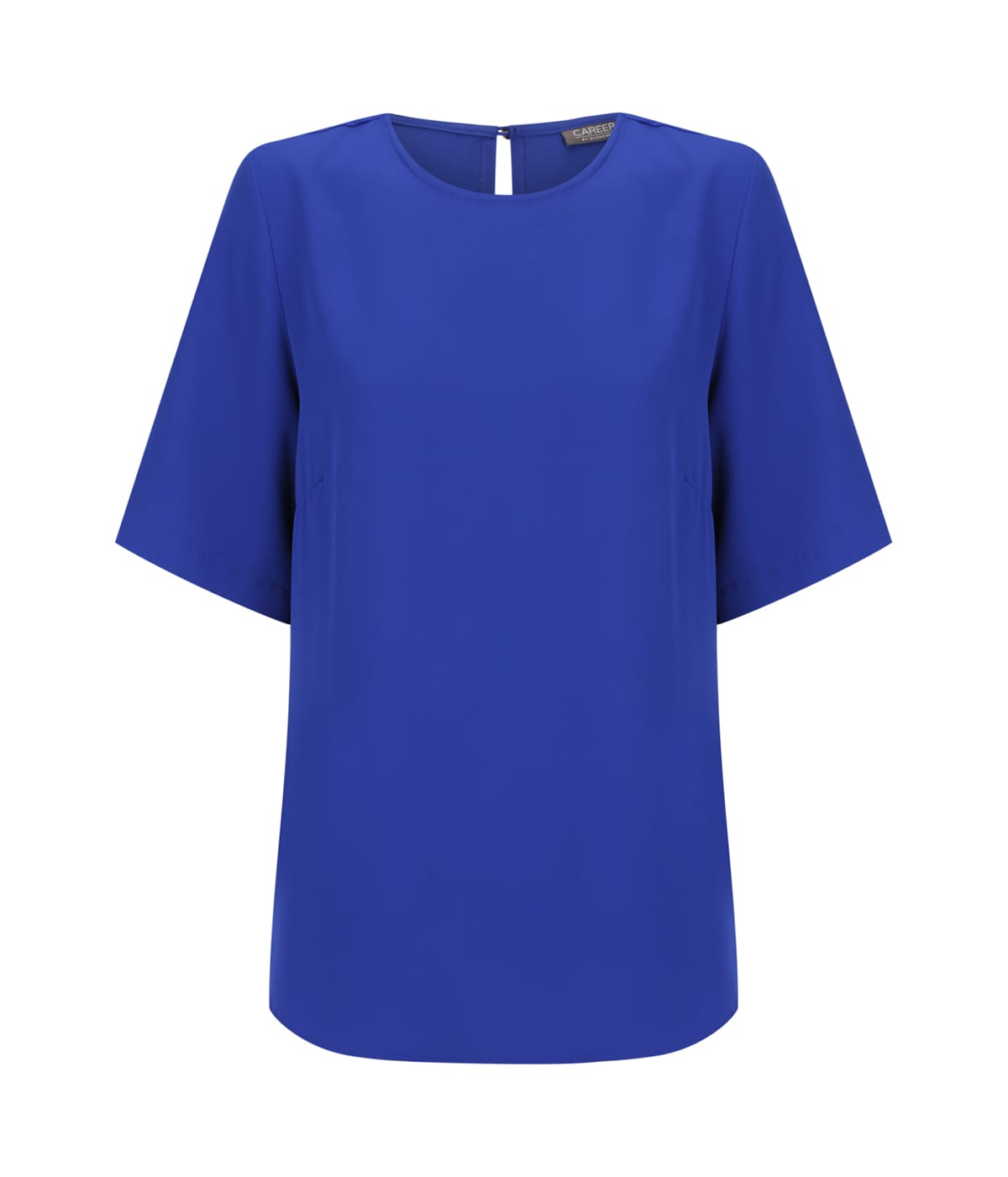 A blue short sleeve top with a round neckline and a back keyhole detail. It has a logo on the label.