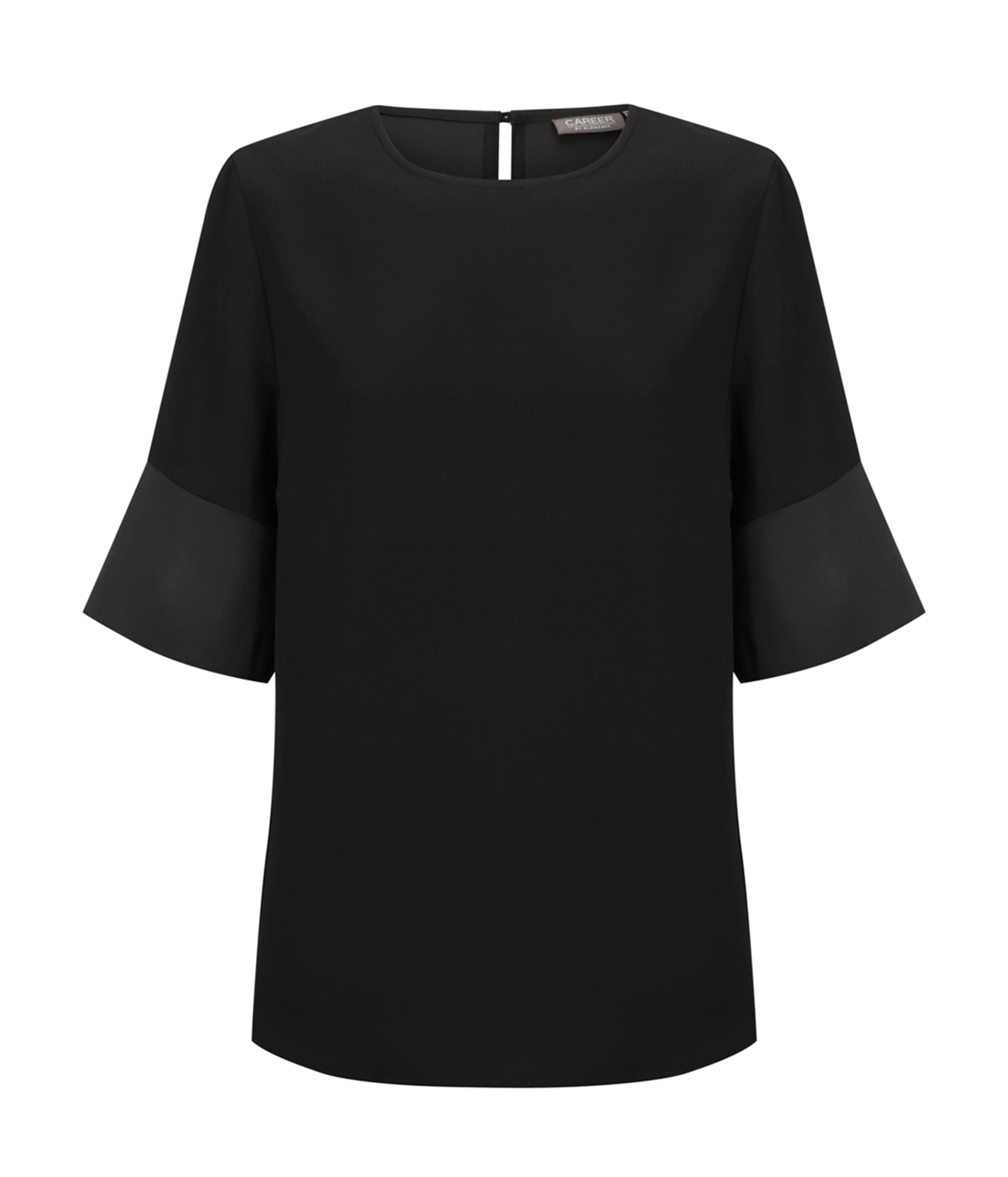 A black top featuring contrast cuff sleeves and a round neckline, with a back keyhole detail.