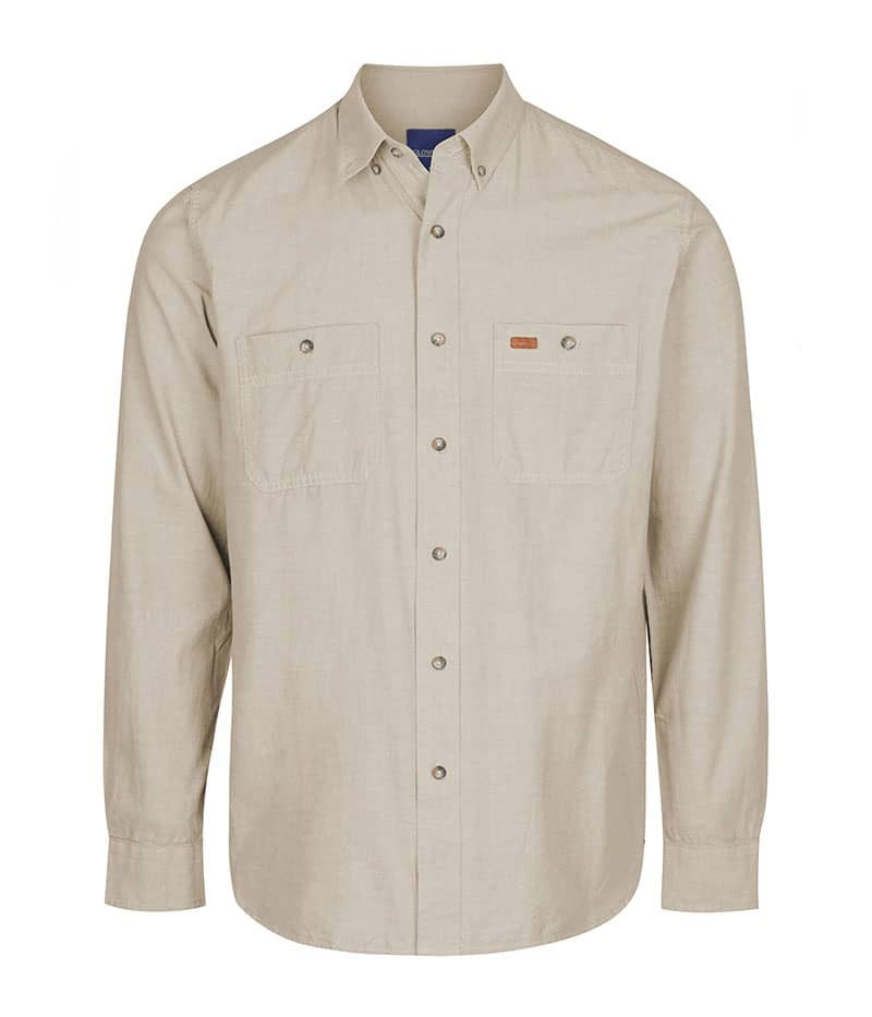 A beige work shirt featuring a button-down collar and two chest pockets. It has a logo on the chest.