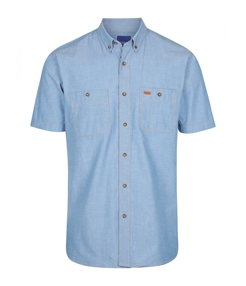 A short-sleeved, light blue work shirt with two chest pockets and a logo. Buttoned front and collar design.