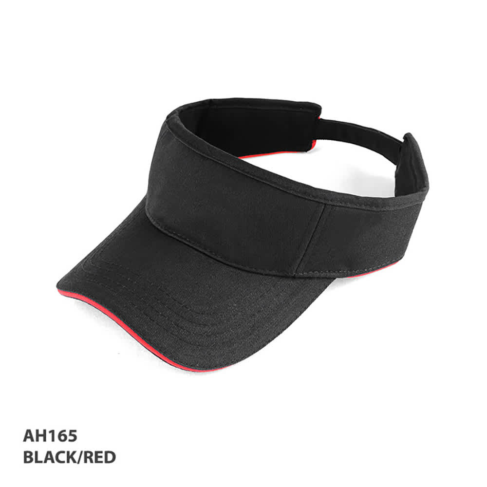 Visor GR-AH165 A black and red visor with a curved brim and an adjustable strap at the back. It features a logo.
