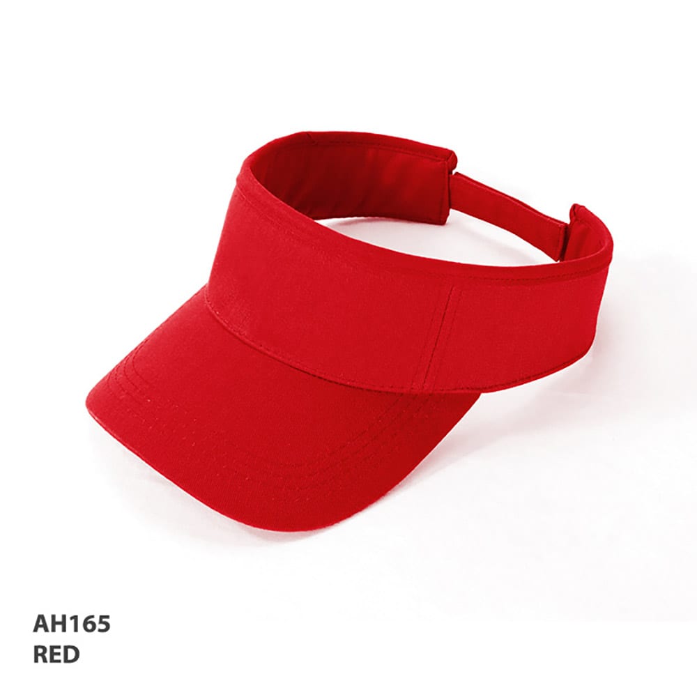Visor GR-AH165 A red visor with a wide brim and an adjustable strap at the back, featuring a logo.