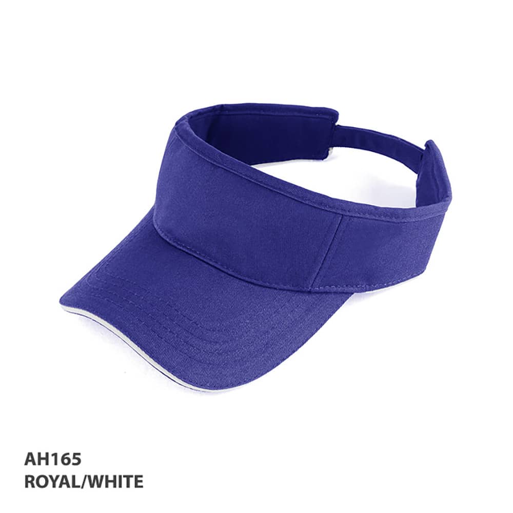 Visor GR-AH165 A visor in royal blue and white with a curved brim and an adjustable strap at the back. It features a logo.