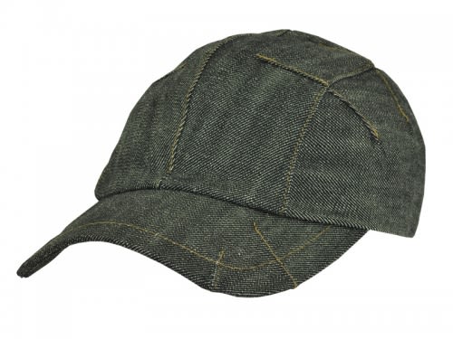 Reefer Cap GR-HE380 A green denim cap with stitched detailing and a curved brim, featuring a logo on the front.