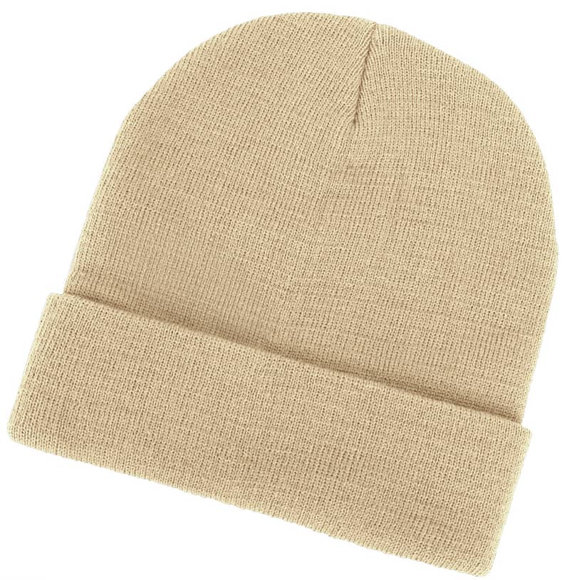 Acrylic Beanie GR-AH720 Acrylic beanie in a beige colour, featuring a folded cuff and a textured knit. Includes a branding logo.