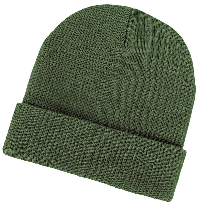 Acrylic Beanie GR-AH720 A green acrylic beanie with a folded cuff and textured fabric. The hat has a logo on its surface.