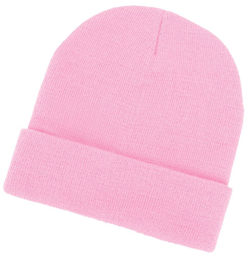 Acrylic Beanie GR-AH720 A pink acrylic beanie with a folded cuff, featuring a simple design and a branding logo.