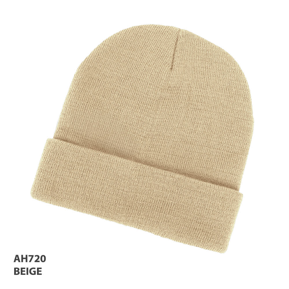 Acrylic Beanie GR-AH720 Acrylic beanie in beige with a folded cuff and a logo. Suitable for headwear.