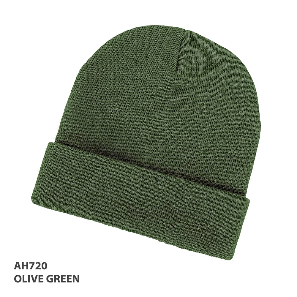 Acrylic Beanie GR-AH720 Olive green acrylic beanie with a fold-over cuff and textured fabric. Includes a logo.