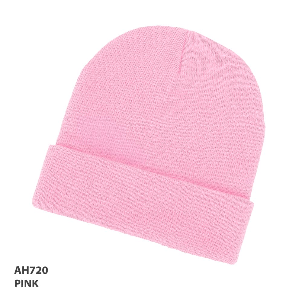 Acrylic Beanie GR-AH720 A pink acrylic beanie with a rolled cuff and a logo present.