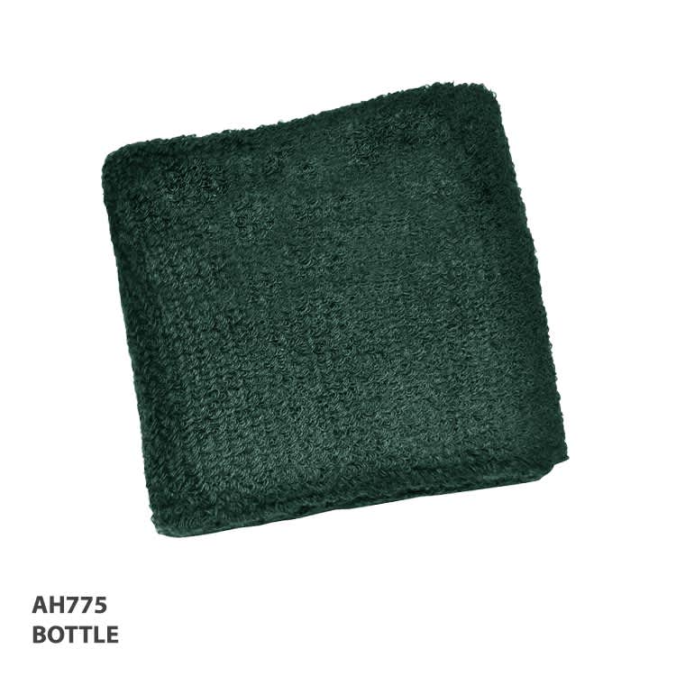 A green, textured wristband with a folded appearance, featuring a logo.