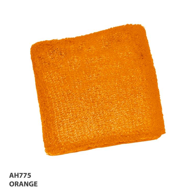 An orange wrist band made of textured material, suitable for exhibitions and events. It features a logo.