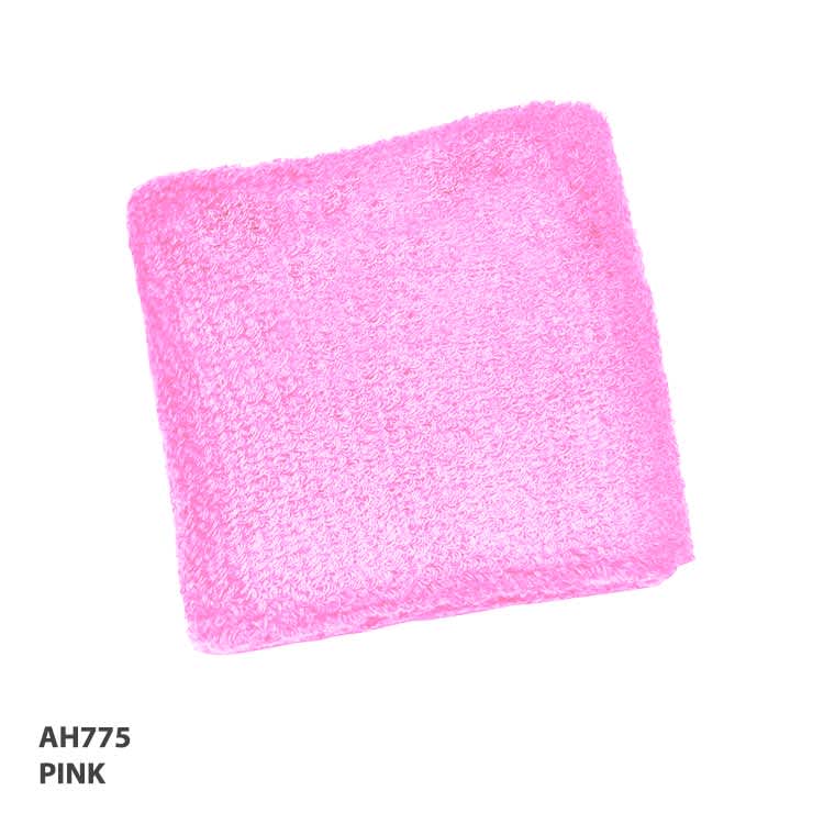 A pink wristband, soft and textured, with a slight sheen, featuring a logo or branding.
