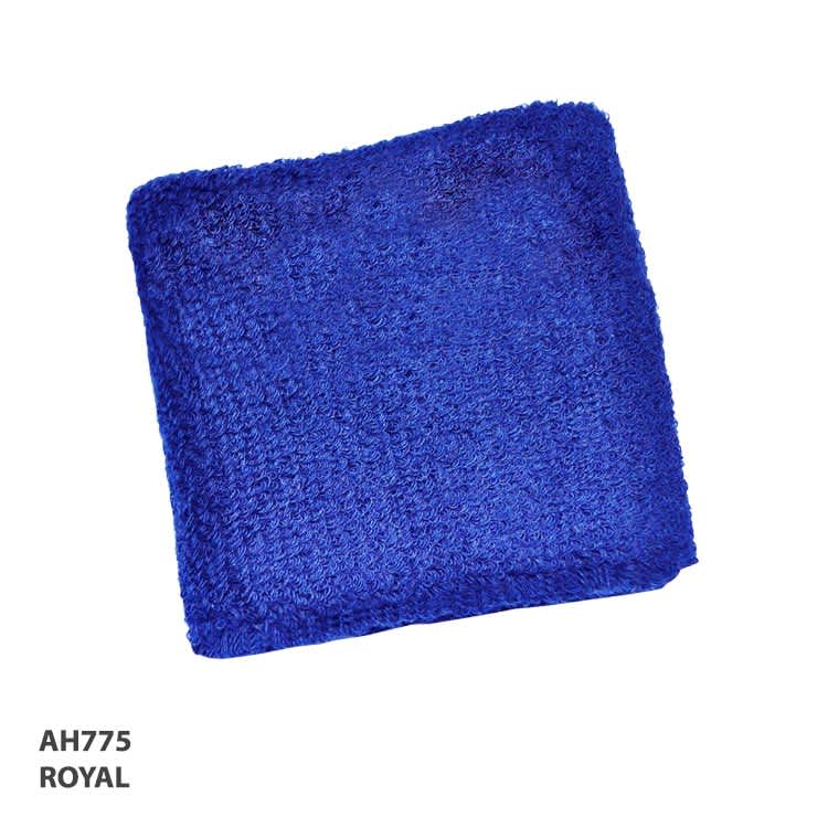 A blue wristband made from a textured material, featuring a branding logo.