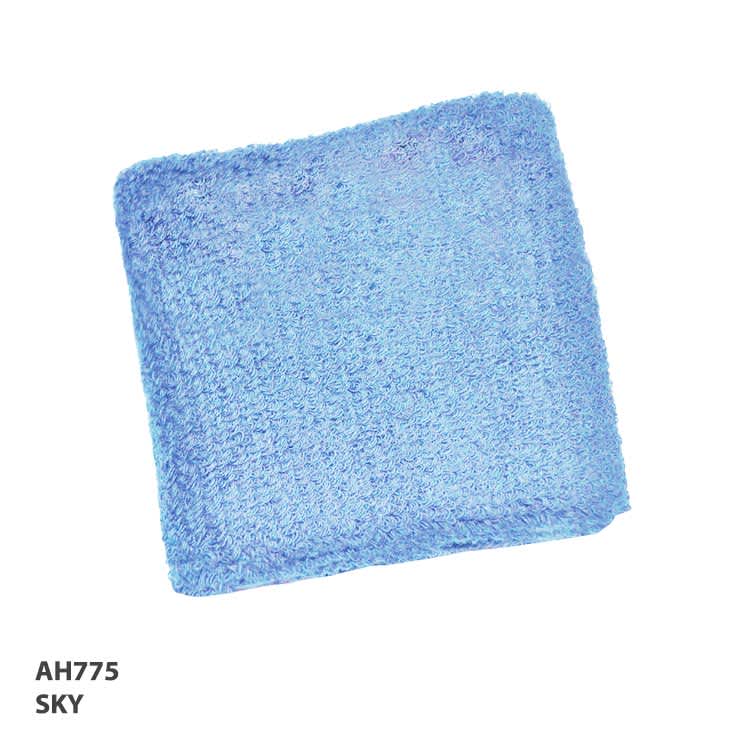 A soft, sky blue microfiber towel with a textured surface. It has a branding logo in one corner.