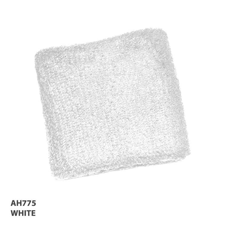 A white wristband made of textured material, featuring a logo or branding on its side.