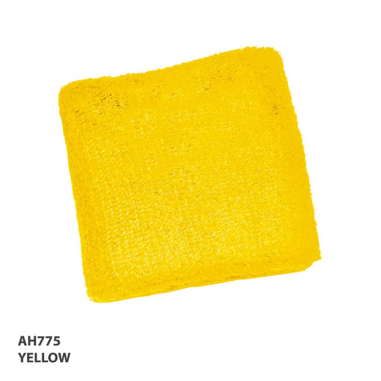 A yellow wristband with a textured surface, featuring a branding logo.