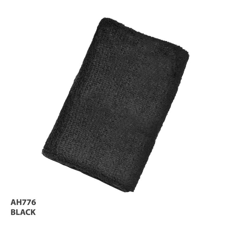 A black wristband made of textured material, featuring a logo on the side.