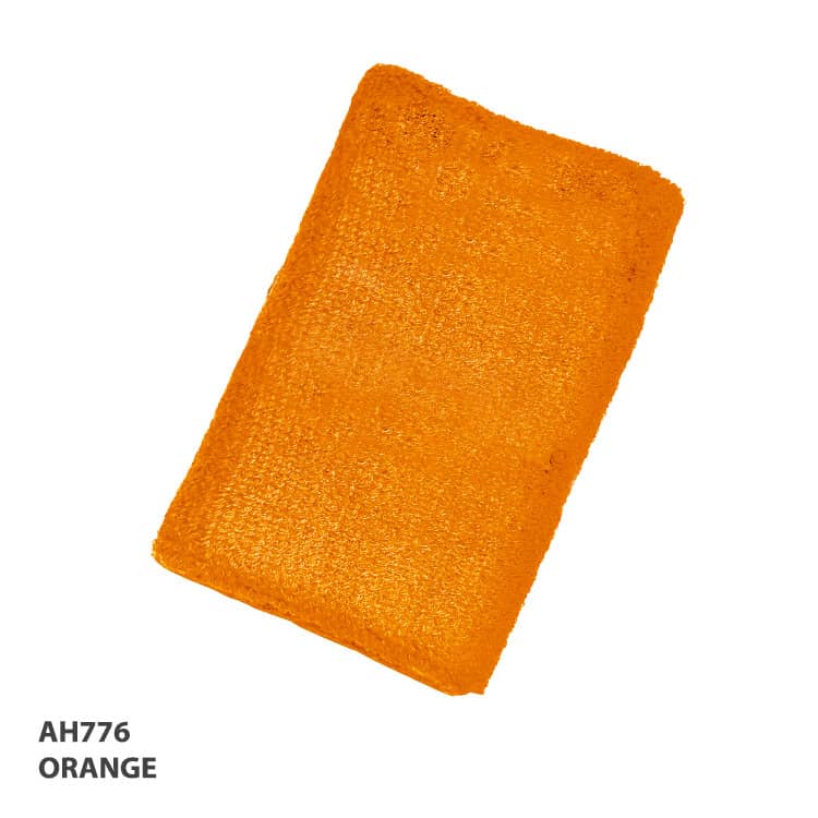 An orange wristband with a textured finish, suitable for events and exhibitions. It features a logo on one side.