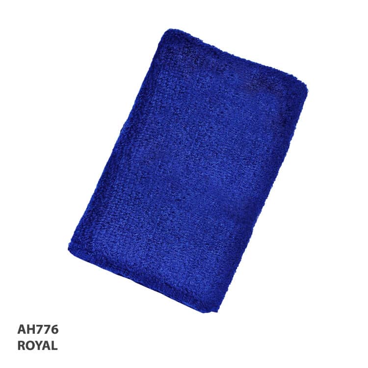 A plush blue wristband measuring 5 inches, featuring a textured surface and a logo.