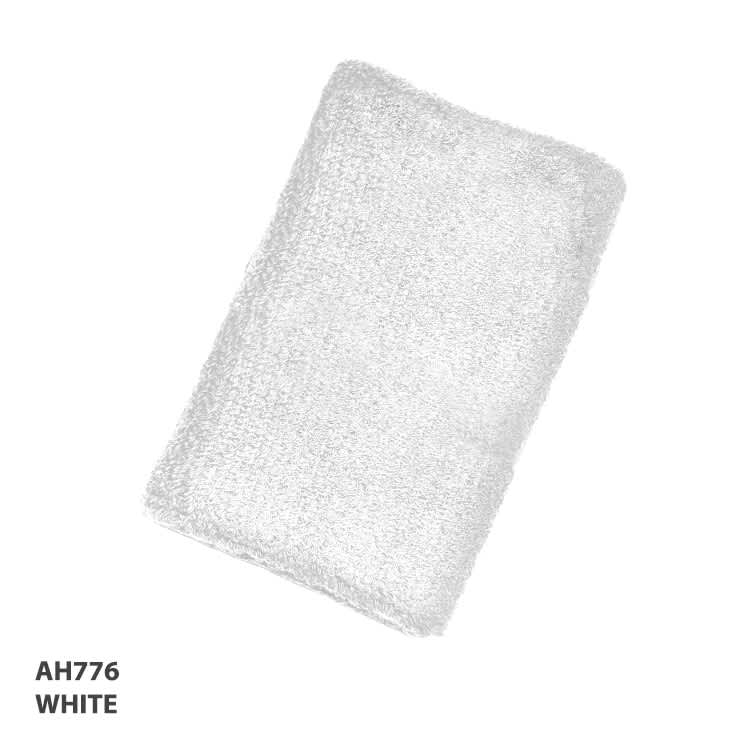 A white wristband with a textured surface, suitable for events, featuring a branding logo.