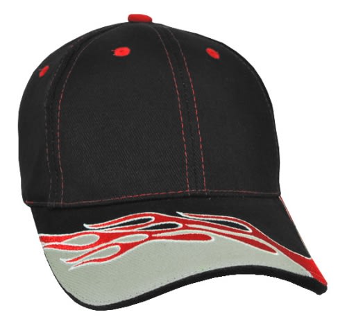 Blazer Cap GR-AH946 A black cap with red stitching and flame graphics in red and grey. It has a logo on the front.