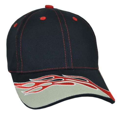 Blazer Cap GR-AH946 A black cap with red accents and flame designs on the peak. Features a logo on the front.