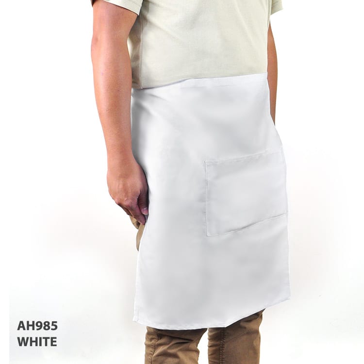 A white short waist apron with a front pocket, featuring a person standing while wearing it.