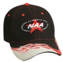 Blazer Cap GR-AH946 A black cap featuring red stitching and a logo. The design includes a white and red patterned brim.