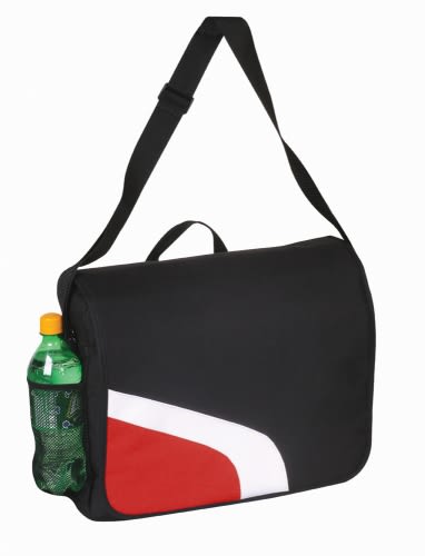 A black conference bag with a red and white design and a green drink bottle in a side pocket.