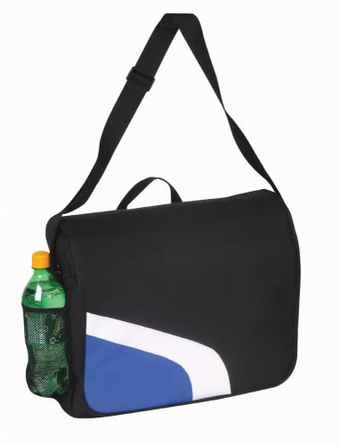 A black laptop bag with a blue and white design, featuring an attached drink bottle on the side.