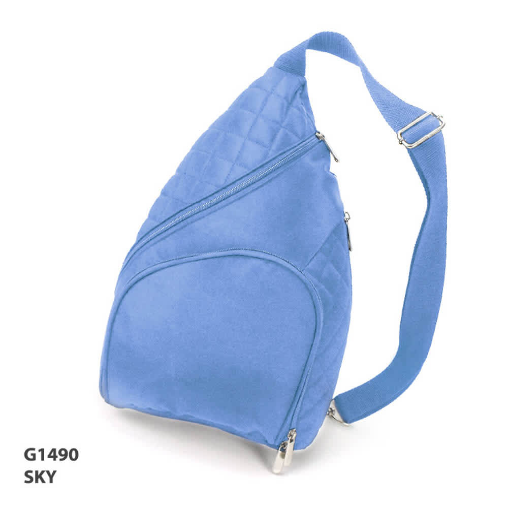 A light blue backpack with a quilted texture and a single shoulder strap, featuring multiple zippered pockets and a logo.