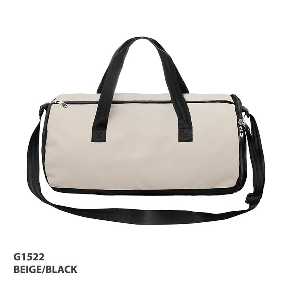 A beige and black duffle bag featuring handles, a shoulder strap, and a zip closure. It has a logo on the side.