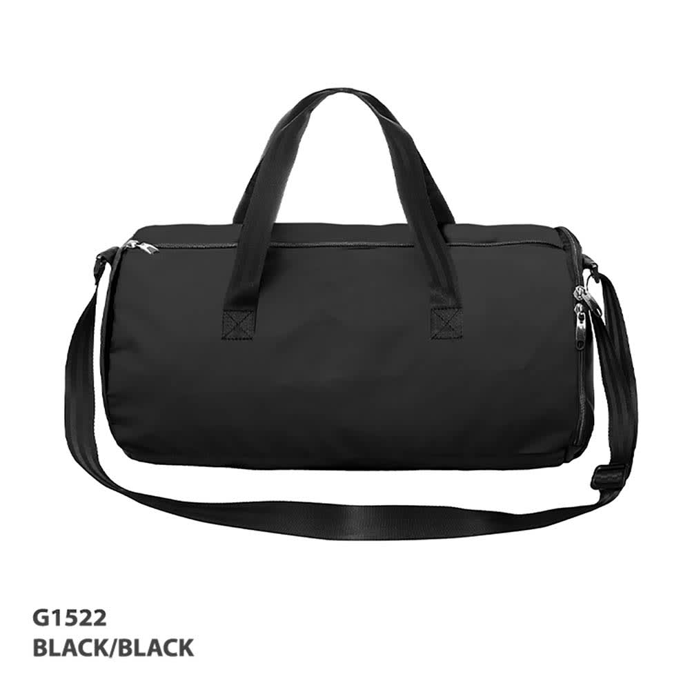 A black duffle bag with dual handles and a shoulder strap, featuring a logo on the side.