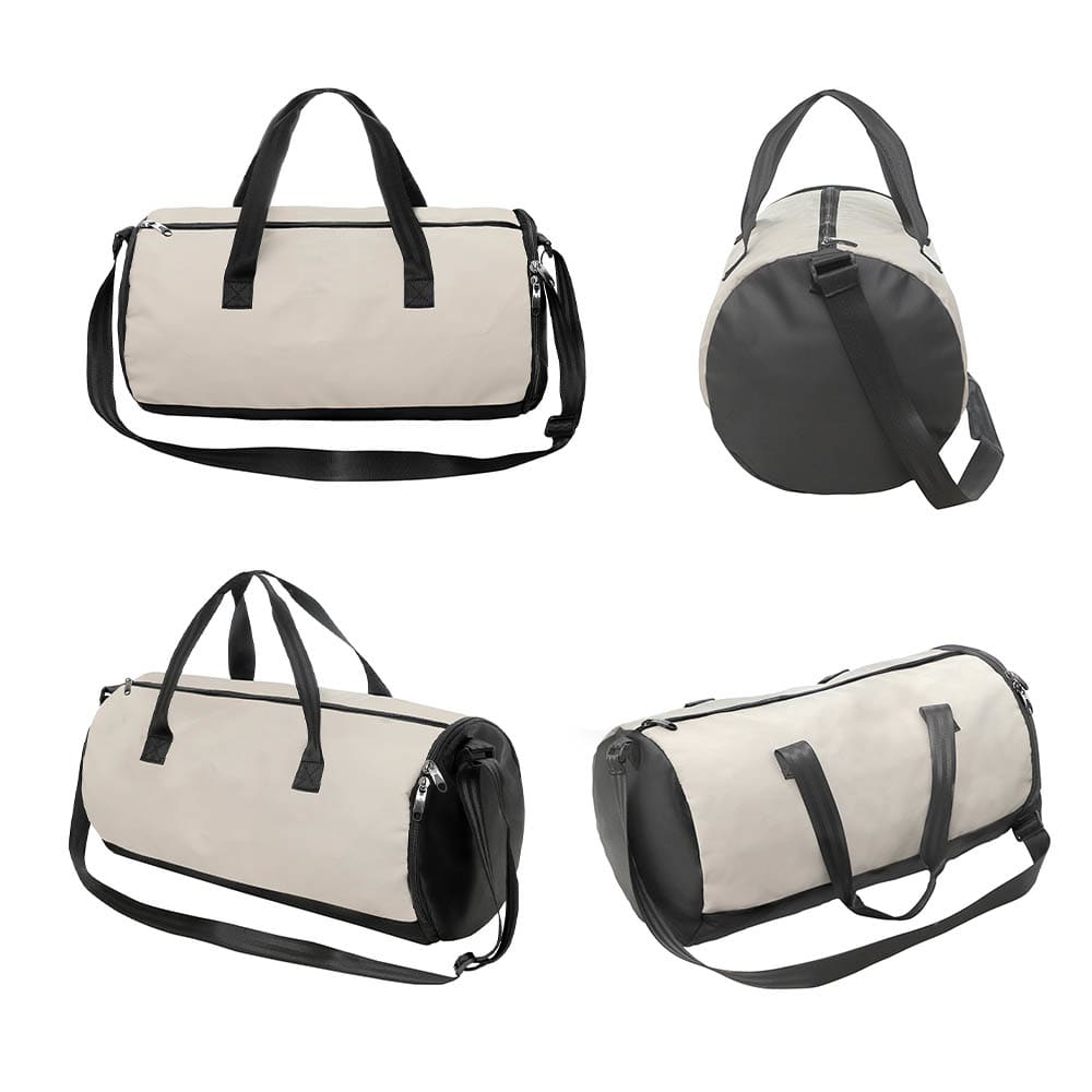 A duffle bag in light beige with black accents, featuring handles and a detachable shoulder strap. It has a logo.
