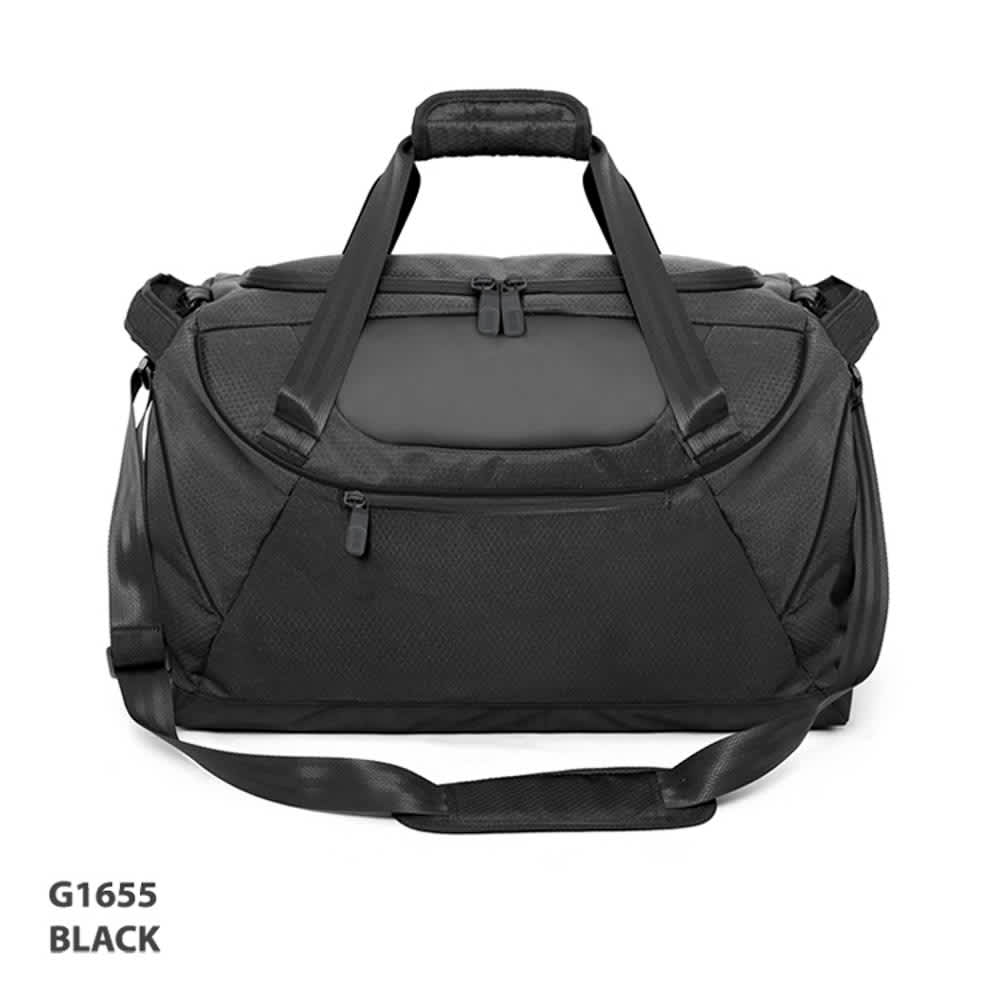 A black sports bag with dual handles and a detachable shoulder strap, featuring a zippered compartment and branding.
