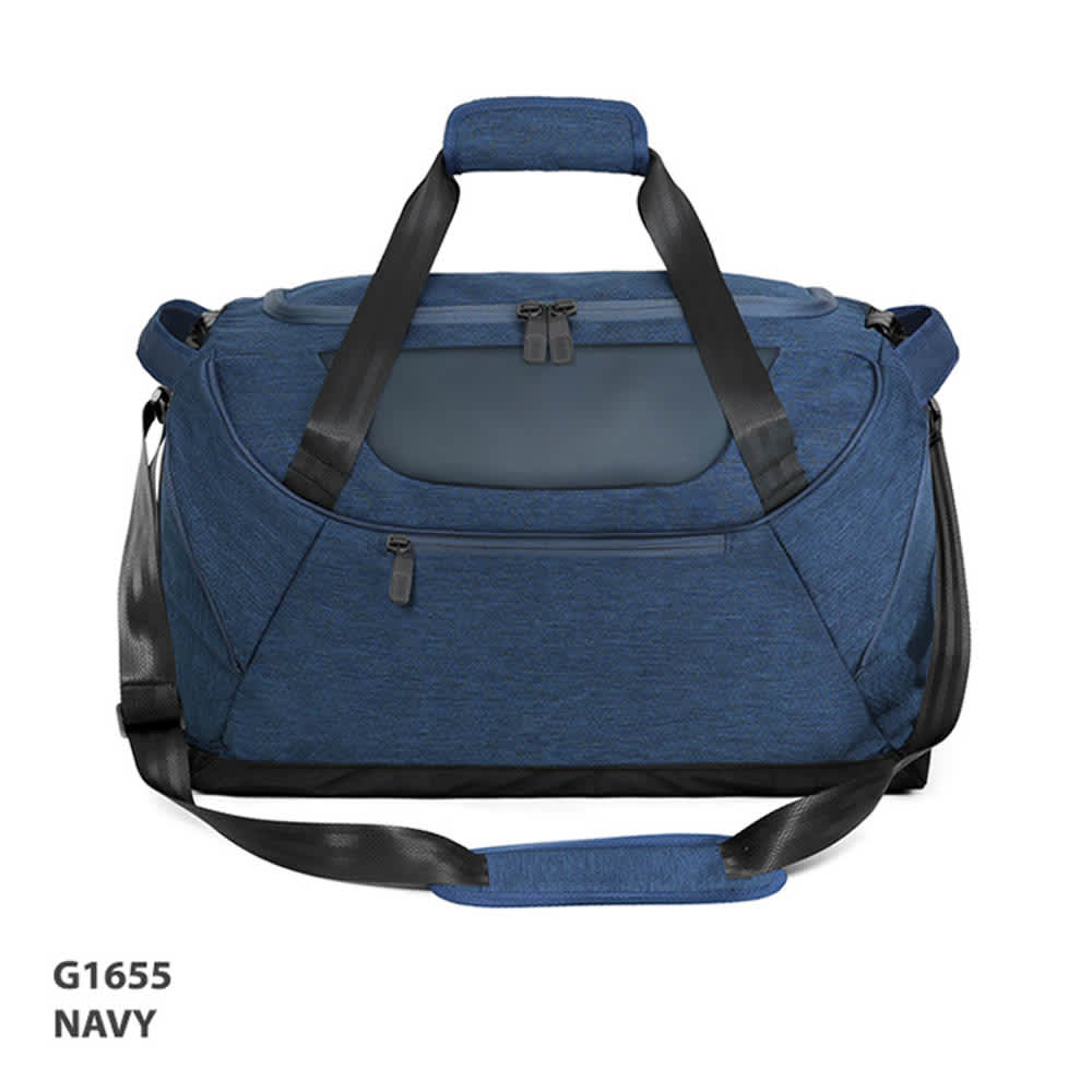 A navy sports bag with dual handles, a detachable shoulder strap, and a zippered front pocket. It features a branding logo.
