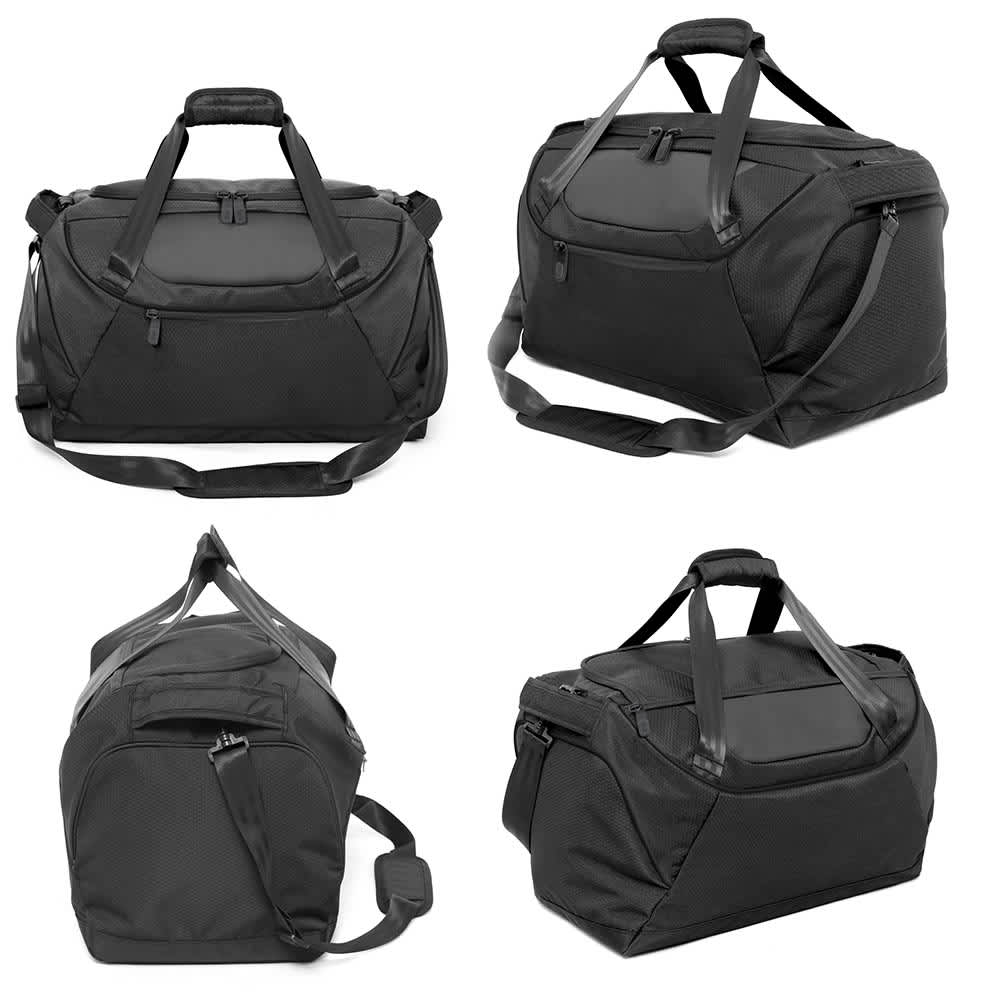 A black sports bag with multiple compartments and handles, featuring a shoulder strap and logo branding.