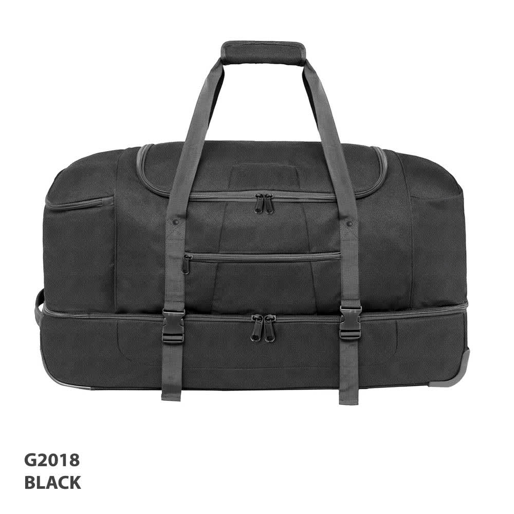 A black wheeled bag with multiple compartments and sturdy handles, featuring a branding logo.
