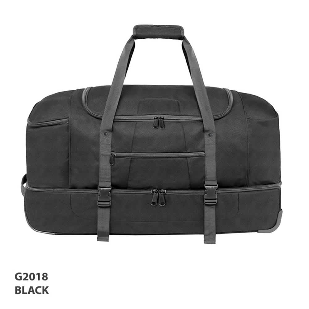 A black wheeled bag with multiple zippered compartments and sturdy handles. It has a logo and durable construction.