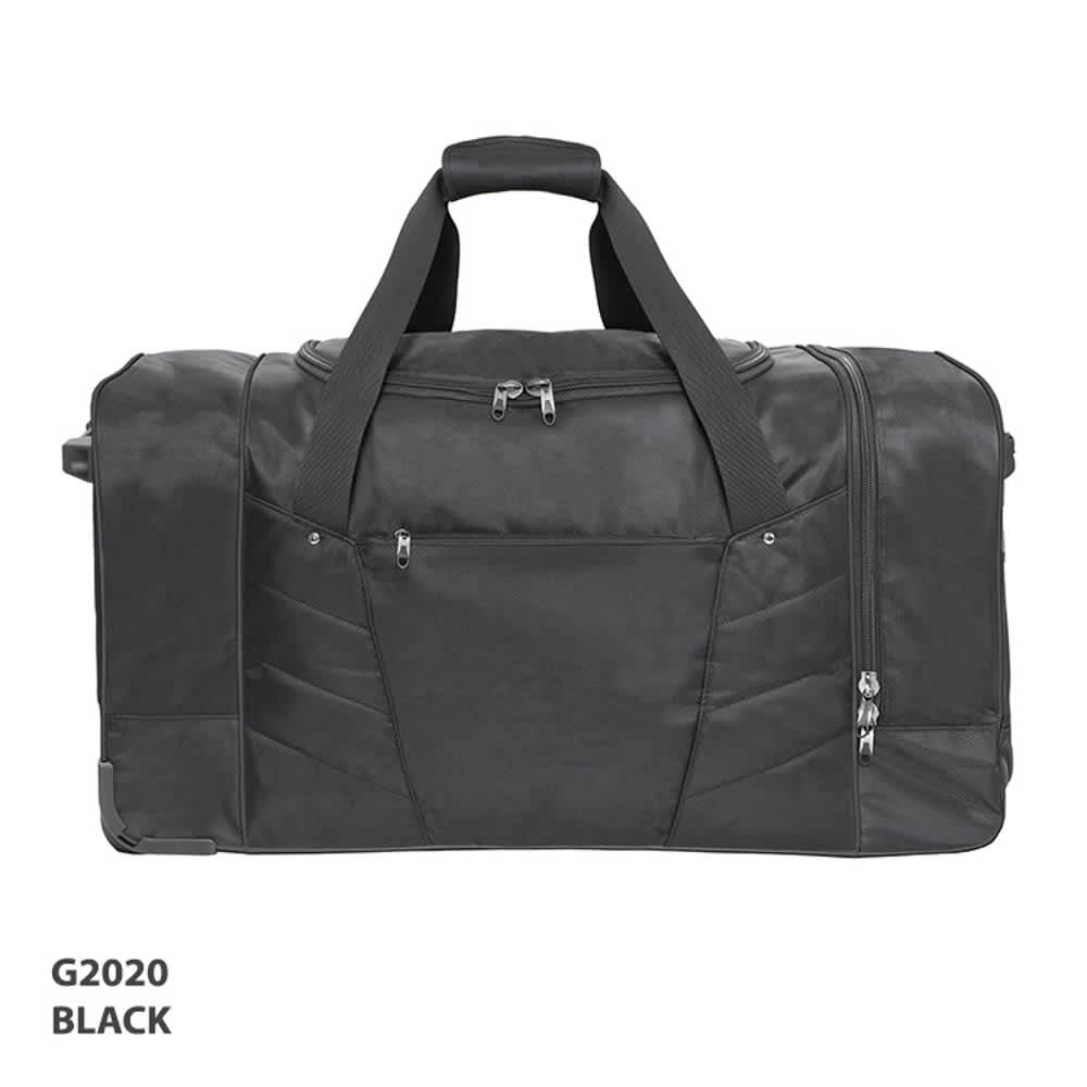 A black wheeled duffle bag with multiple zipped pockets and dual handles. It features a logo on the side.