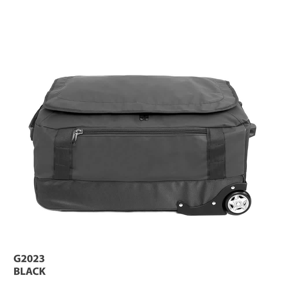 A wheeled bag in black with a zippered compartment and a sturdy wheel for easy transport.