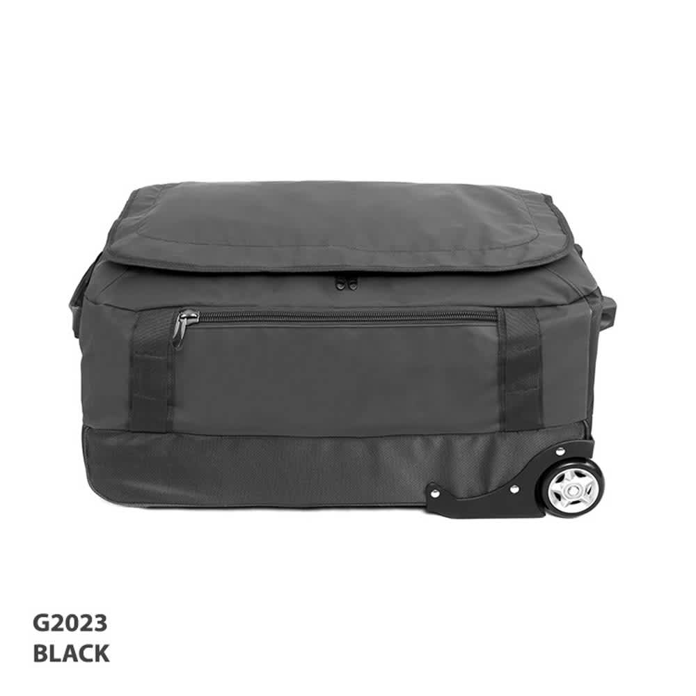 A black wheeled bag with a zippered compartment and a sturdy wheel mechanism. It features a smooth surface and sleek design.