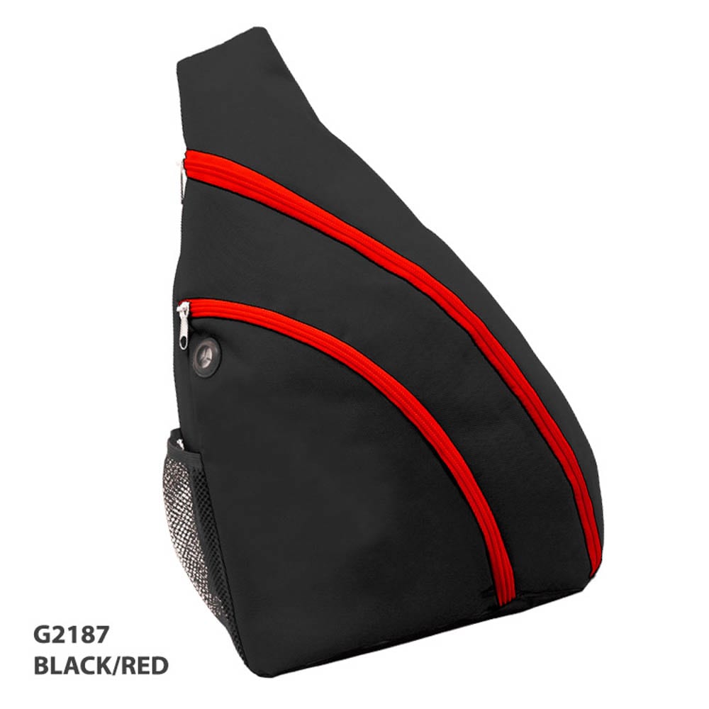 A black and red sling backpack featuring two red zippers and a side mesh pocket. It includes a logo.